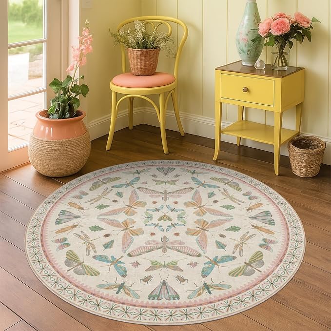 Boho Light Pink Round Rugs for Kids Bedroom - 4 ft Unique Circle Area Rugs for - Image 6