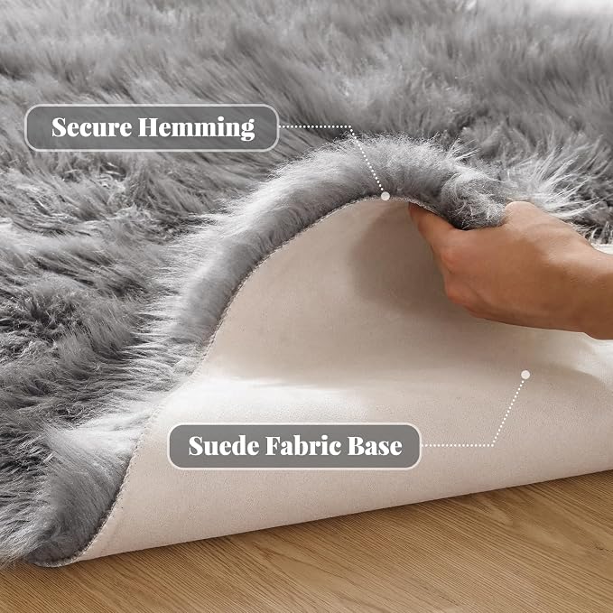 ORINOVA Round Rugs 6ft Silver Grey Fuzzy Faux Sheepskin Washable Furry Fur Area - Image 2