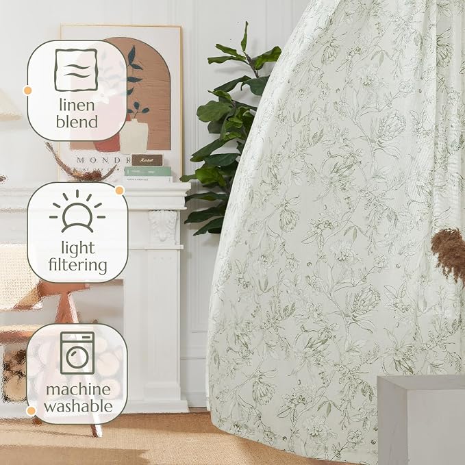 jinchan Floral Curtains 90 Inch Length Sage Green Flower Linen Farmhouse Curtain - Image 8