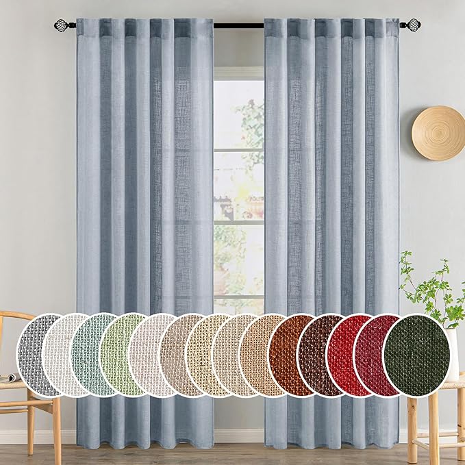 MIULEE Chambray Blue Linen Curtains 90 Inch Long 2 Panels by MIULEE