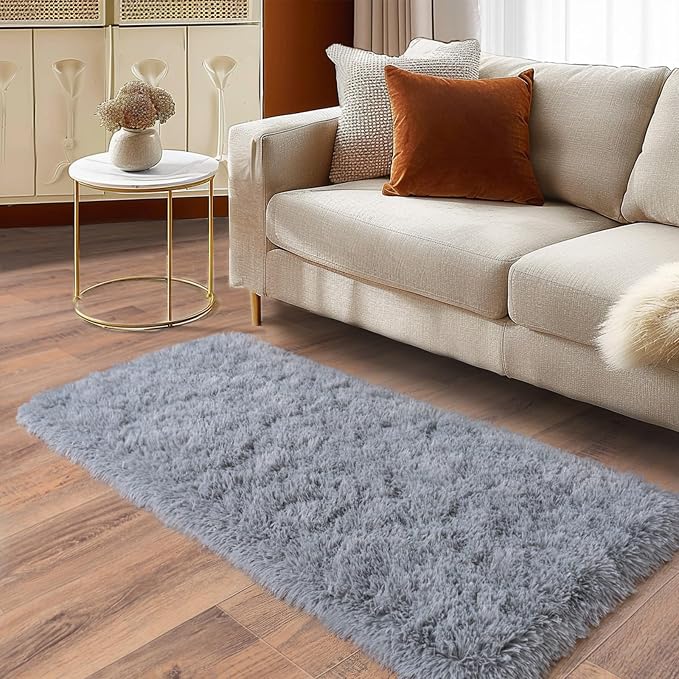 Soft Runner Rugs for Bedroom Hallways, 2 Packs 2x4 Grey Fluffy Shag Throw Area - Image 2