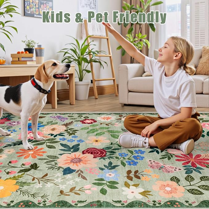 PLHXFR 2.6x10 Washable Runner Rug：Floral Indoor Kitchen Soft Carpet Green | - Image 6