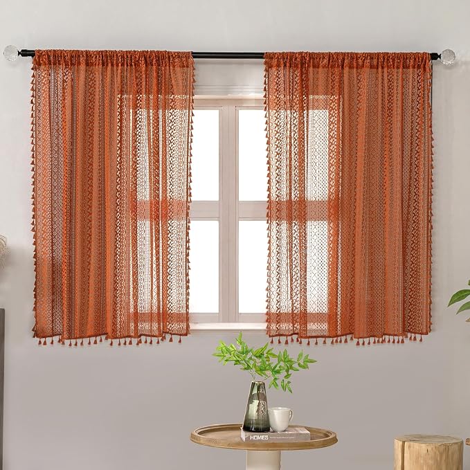 WAZZIO Burnt Orange Curtains Sheer 45 Inch Length Bedroom Short Small Cafe Rod - Image 2