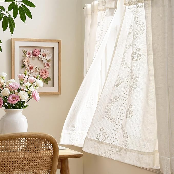 jinchan Belrose Linen Floral Kitchen Curtains 24 inch Length Embroidered - Image 4