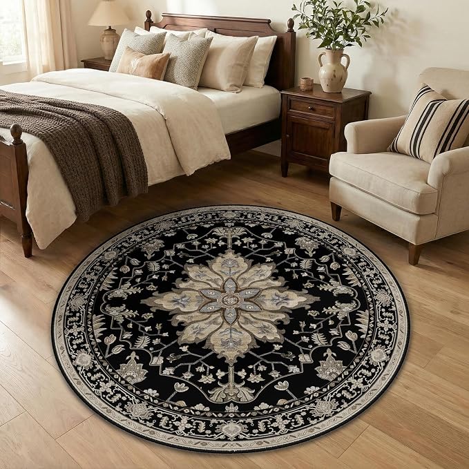 Area Rugs 4ft Washable Non-Slip, Floral Vintage Distress Print Pattern - Image 3