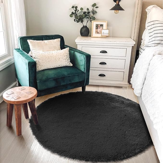 Black Small Round Rug 3Ft for Bedroom, Fluffy Circle Area Rugs for Living Room - Image 3