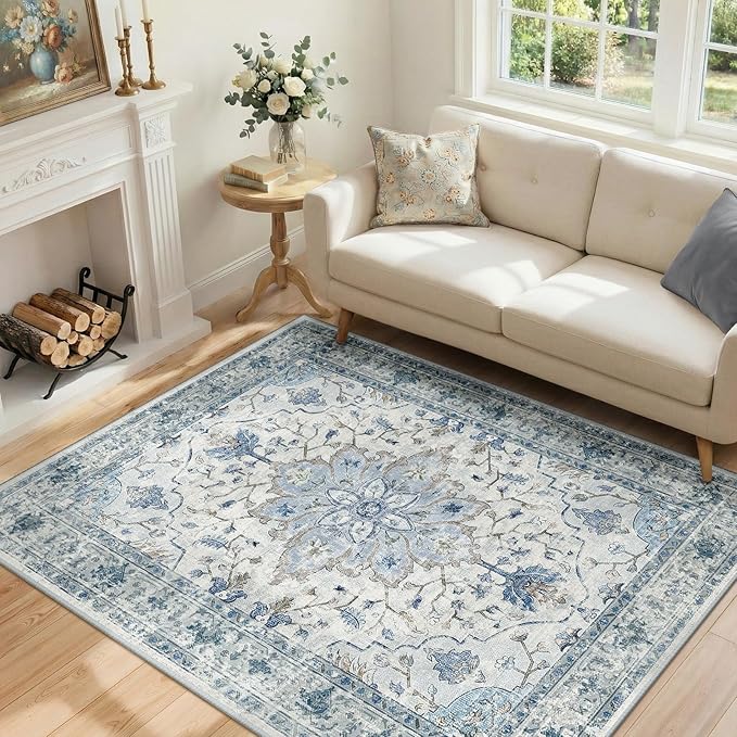 Area Rugs 4'x6' Washable Non-Slip, Floral Vintage Distress Print Pattern by RELEANY