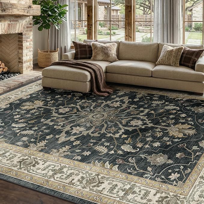 Area Rugs 8'x10' Washable Non-Slip, Floral Vintage Distress Print Pattern by RELEANY