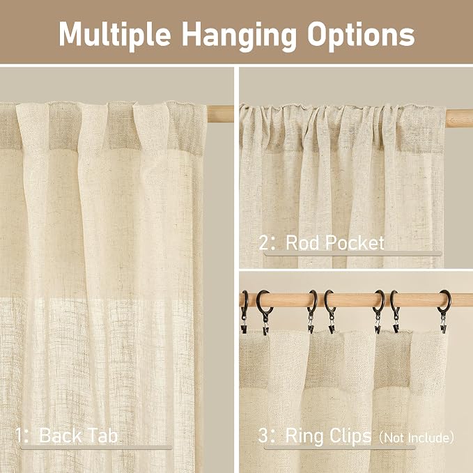LAMIT Beige Linen Curtains for Living Room 84 inch Length, Light Filtering Semi - Image 2