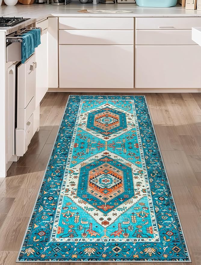 SERISSA Boho Washable Runner Rug, 2x6 Rug Runner Non-Slip Vintage Blue Hallway by SERISSAHomeDecorCollection