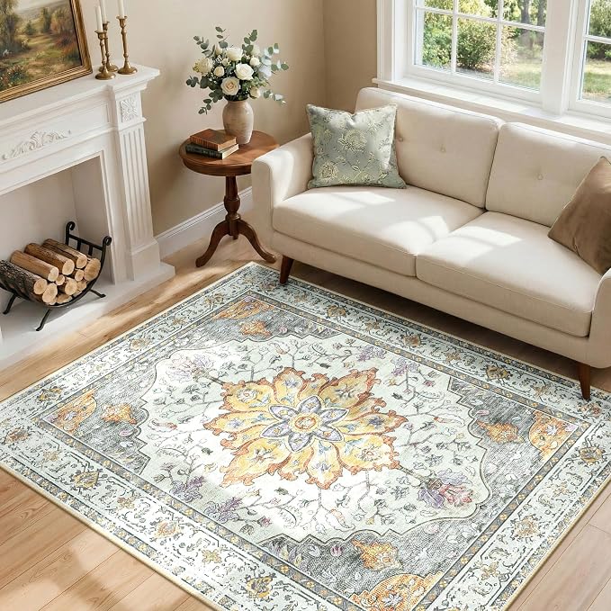 Area Rugs 4'x6' Washable Non-Slip, Floral Vintage Distress Print Pattern by RELEANY