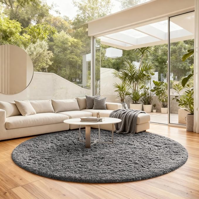 Ophanie Round Rug 8Ft Grey Circle Area Rugs, Large Fluffy Fuzzy Living Room - Image 5