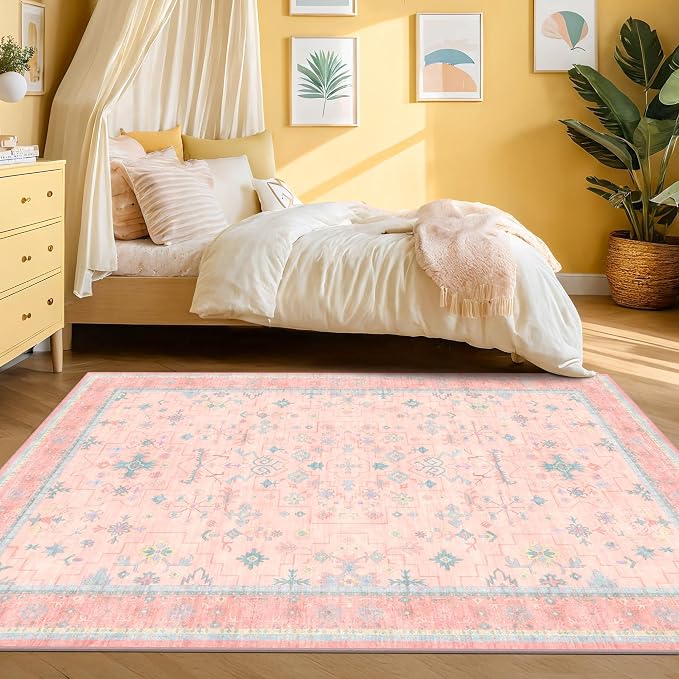 Washable Pink and Blue 6x8 Boho Rugs - Image 8
