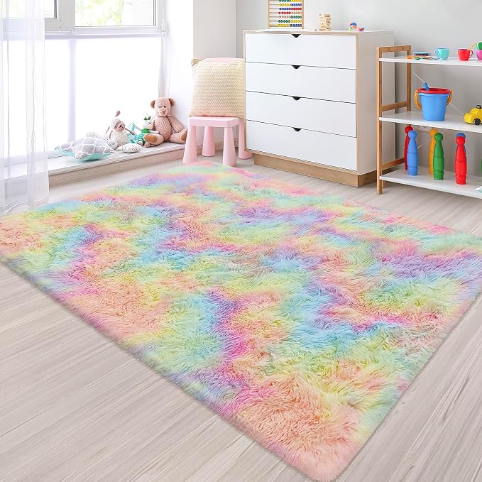 Small Fluffy Rainbow Colorful Area Rug by JiaoBaba