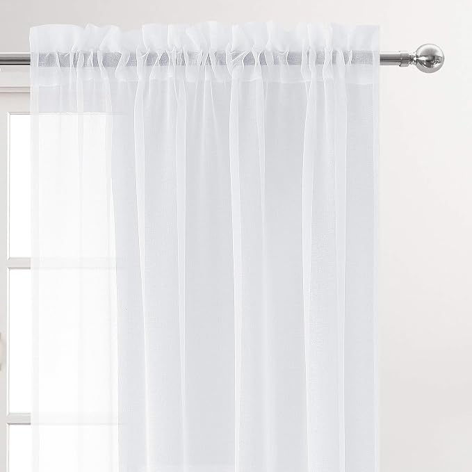 DWCN White Sheer Curtains Semi Transparent Voile Rod Pocket Curtains - Image 2