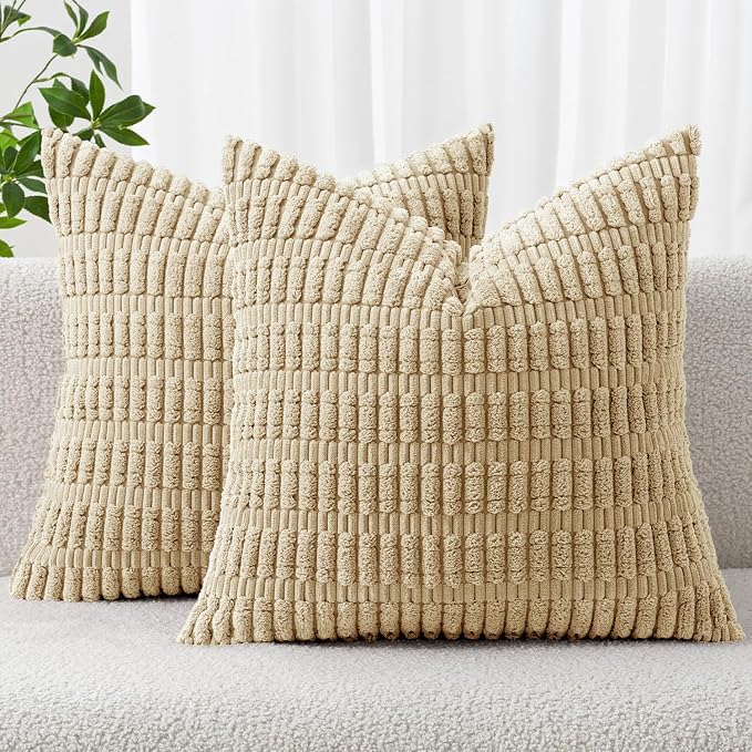 MIULEE Corduroy Decorative Throw Pillow Covers 20x20 Tan Pack of 2 | Soft by MIULEE