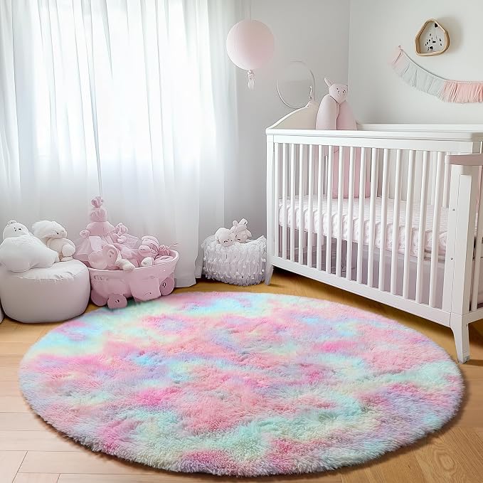 ONASAR Rainbow Round Rugs 6ft for Living Room Bedroom, Fluffy Circle Area Rug - Image 8