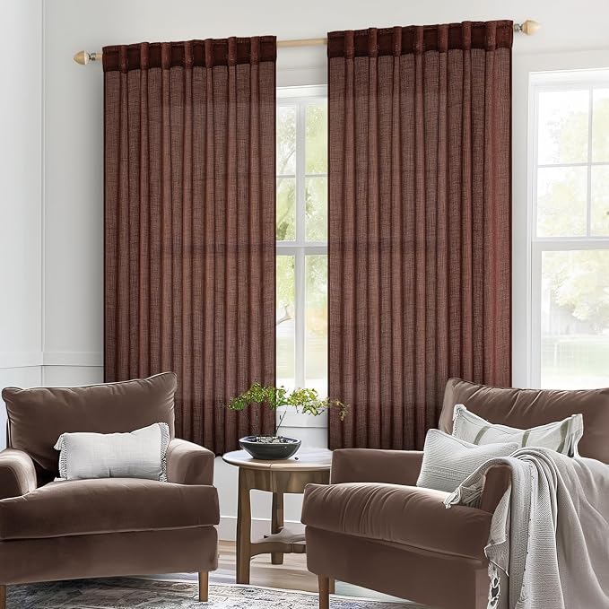 MIULEE Chocolate Brown Linen Curtains 63 Inch Length 2 Panels - Image 2