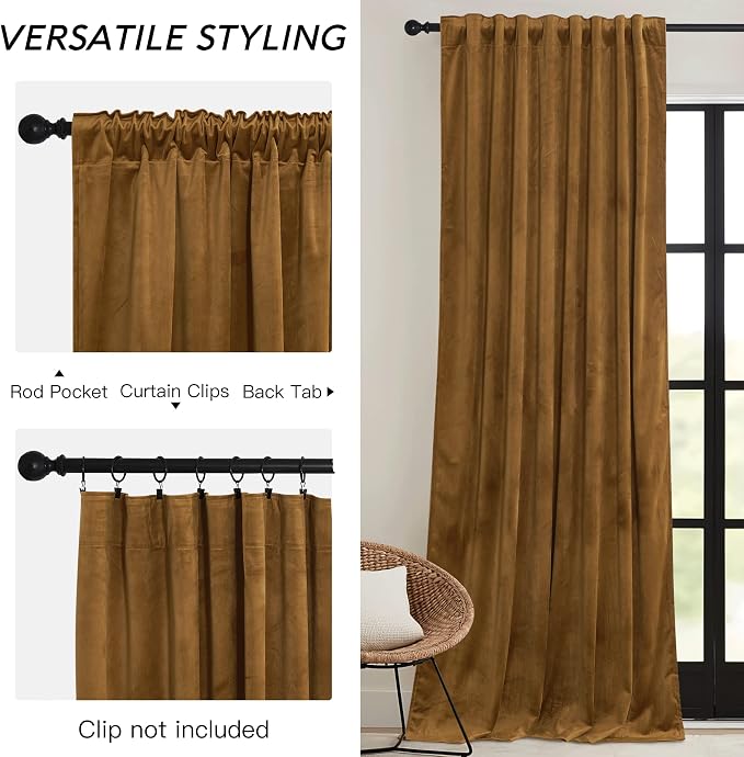 RYB HOME Gold Brown Velvet Curtains 72 inches - Image 3