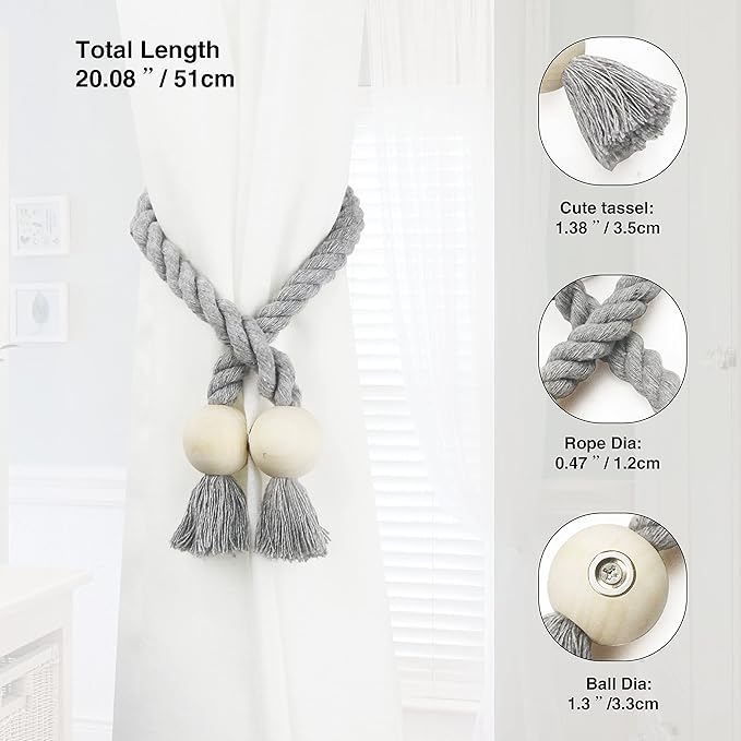 2 Pack Magnetic Curtain Tiebacks Cotton Hand Woven Tie Back Decorative Rope - Image 3