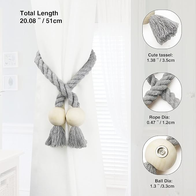 6 Pack Magnetic Curtain Tiebacks Cotton Hand Woven Tie Back Decorative Rope - Image 3