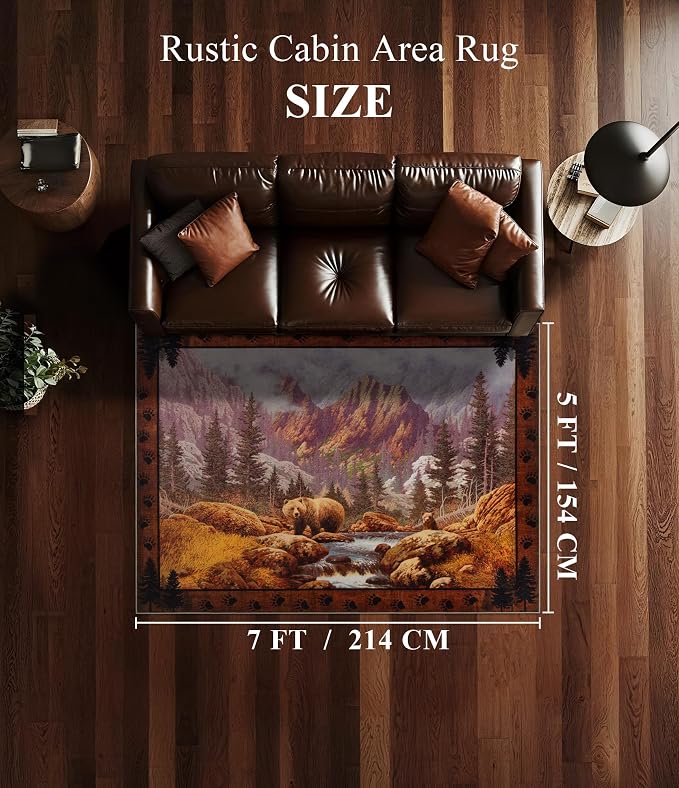 YIHOUSE Rustic Cabin Area Rug for Bedroom 5x7, Machine Washable Woodland Bear - Image 2