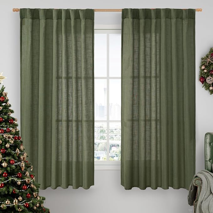 LAMIT Olive Green Linen Curtains 63 Inch by LAMIT