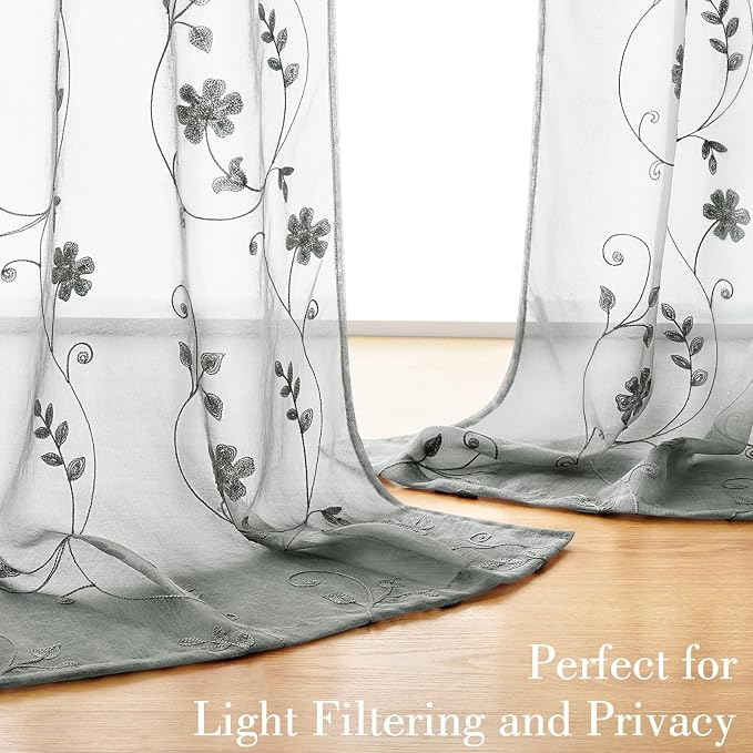 HOMEIDEAS Grey Sheer Curtains 63 Inches Long 2 Panels Embroidered Floral - Image 2
