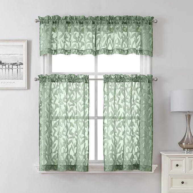 Lecloud Leia Sheer Sage Green Kitchen Curtains 36 Inch Length 2 Pcs, Jacquard - Image 8