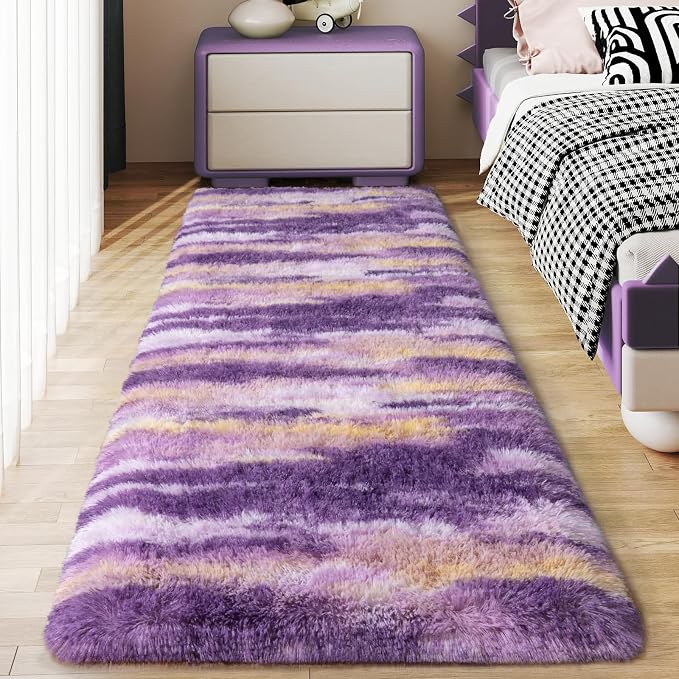 Soft Runner Rugs for Bedroom Hallways, 2x6 Abstract Purple Fluffy Shag Throw by Ailyei