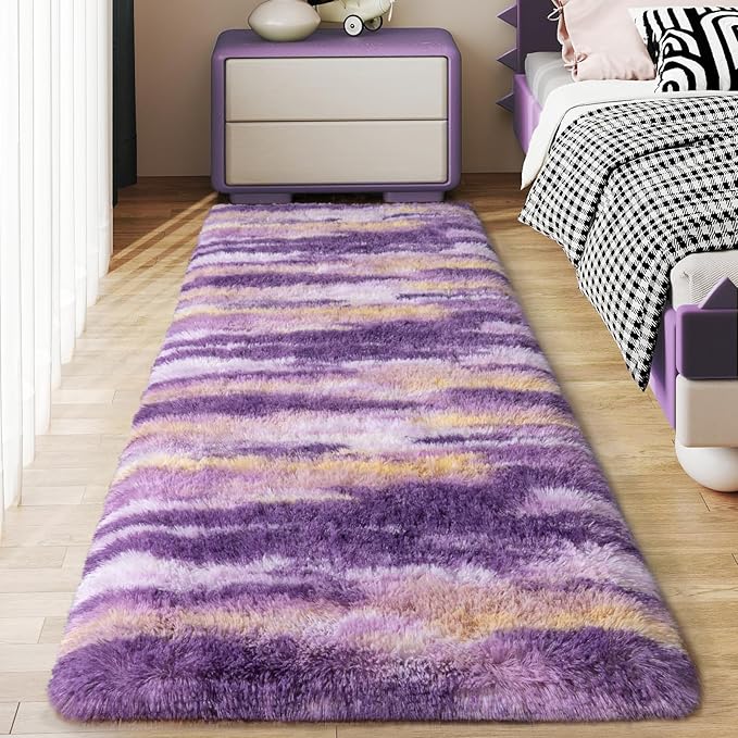 Soft Runner Rugs for Bedroom Hallways, 2x5 Abstract Purple Fluffy Shag Throw by Ailyei