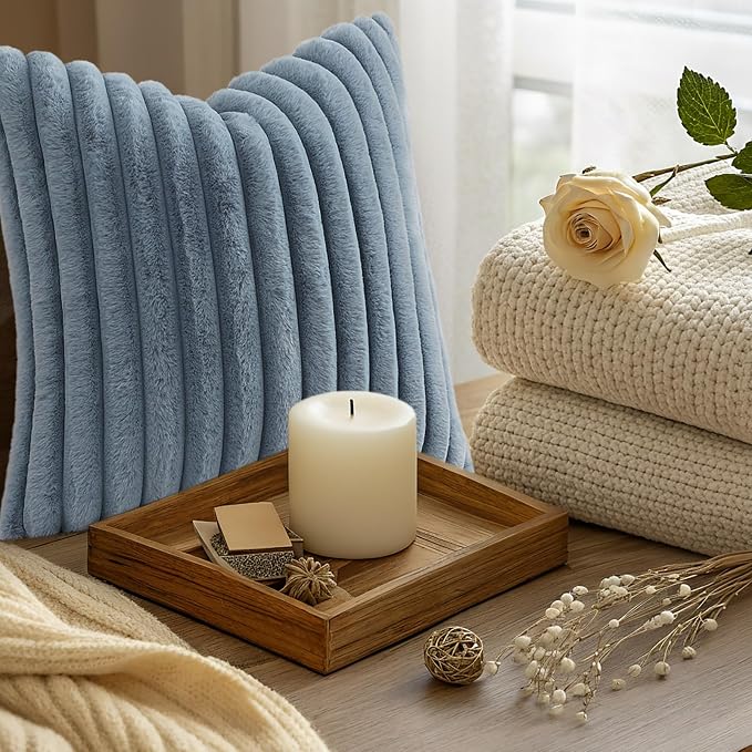 decorUhome Fall Faux Fur Throw Pillow Covers 20x20 Set of 2 Grey Blue | - Image 9