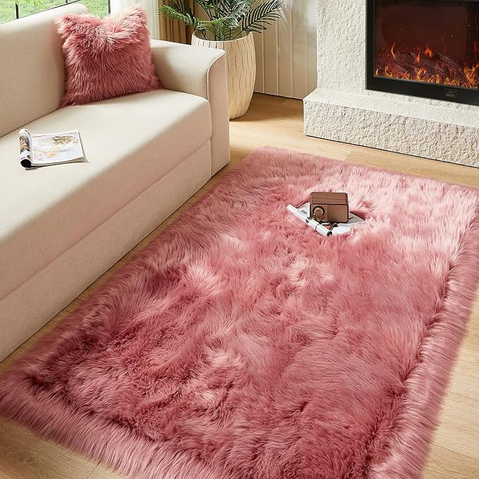 AMTOVO Faux Fur Sheepskin Rug for Living Room, 4 x 6 ft Blush Pink Fluffy Area by AMTOVO
