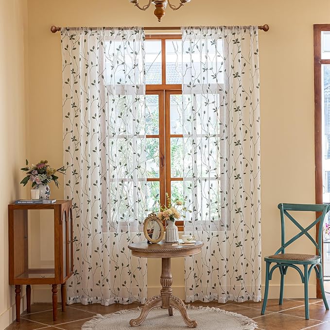 AmHoo 2 Panels Embroidered Leaf Pattern Semi Sheer Curtains Foliage Floral - Image 2