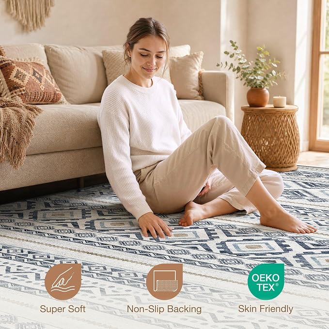 cotiled 10x13 Area Rugs Washable Boho Living Room Rug Blue | Solve Modern - Image 3