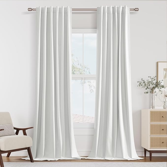 Guken White 100% Blackout Linen Curtains 40 Inch Wide by 96 Inch 2 Panels Set by Guken