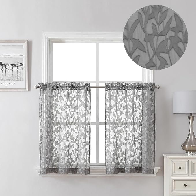 Lecloud Leia Charcoal Grey Sheer Curtains 2 Pieces, 30 Inch Short Curtains by Lecloud