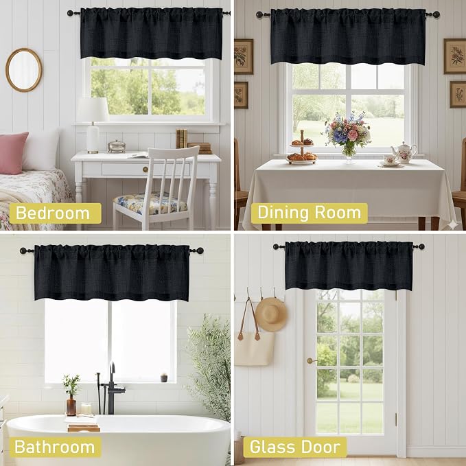 Black Valances for Windows, Light Filtering Faux Linen Textured Small Short - Image 6