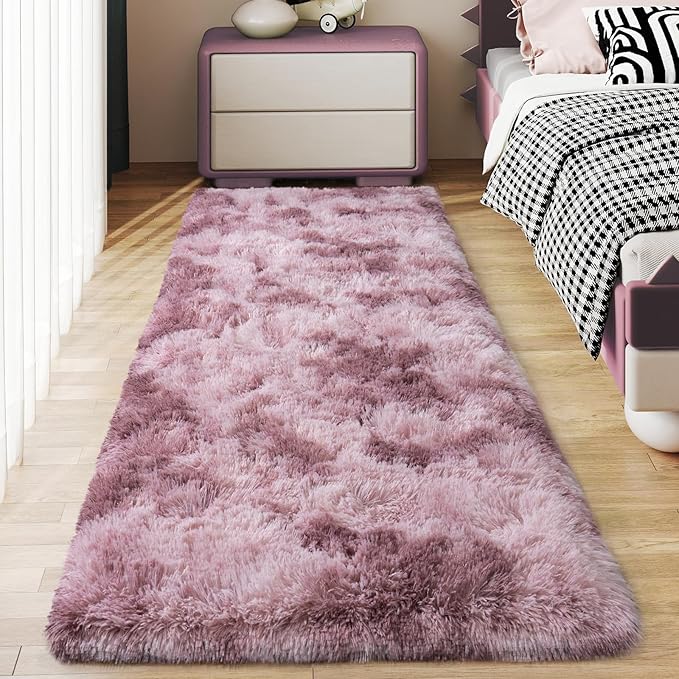 Soft Runner Rugs for Bedroom Hallways, 2x6 Tie-Dyed Grey Purple Fluffy Shag by Ailyei