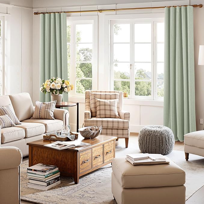 RYB HOME 100% Blackout Sage Green Linen Curtains, Light & Heat Blocking Thermal - Image 7
