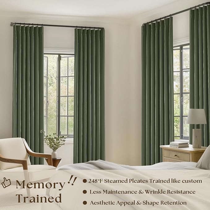 Olive Pinch Pleated 100% Blackout Linen 80 Inch Window Curtains | Room - Image 2