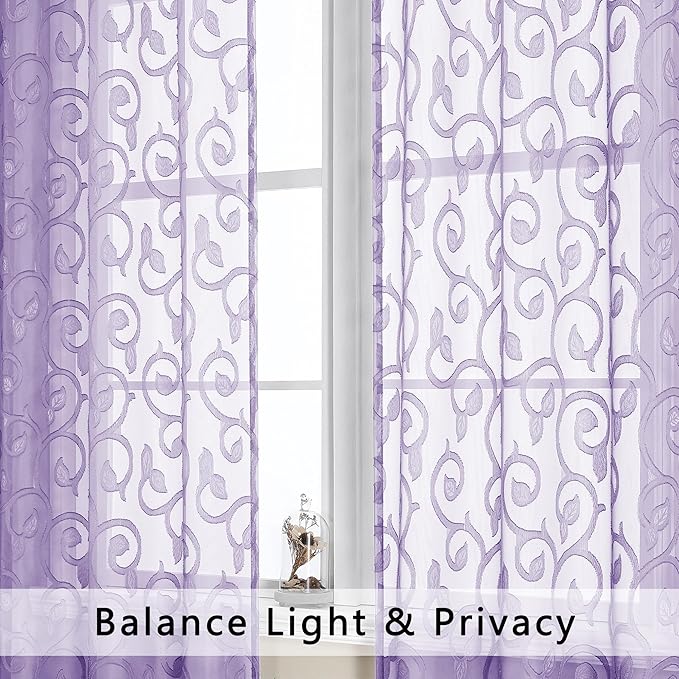OWENIE Furman Light Purple Sheer Curtains 54 Inch Length 2 Panels Set - Image 3