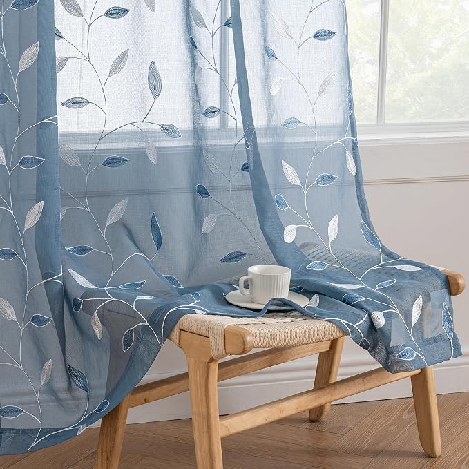 MIULEE Stone Blue Sheer Curtains 2 Panels Embroidered Leaf Patterned Rod Pocket by MIULEE
