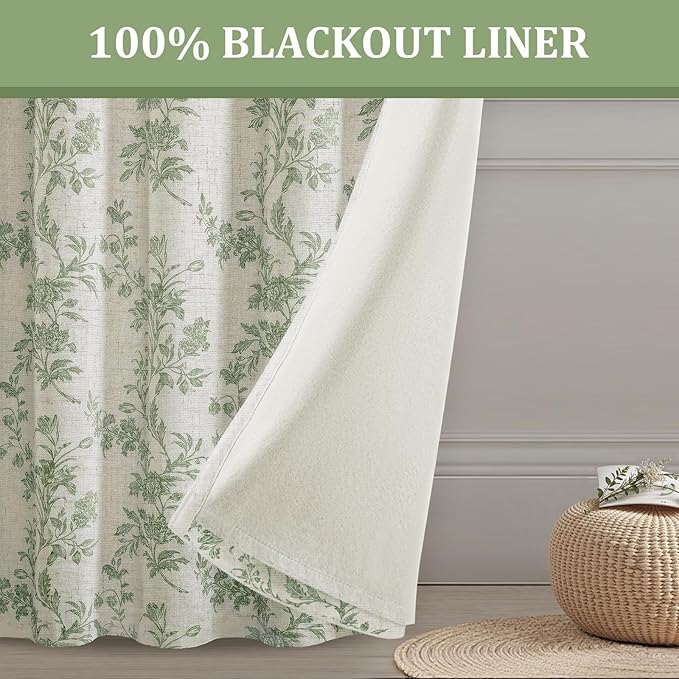 Floral Blackout Sage Green Curtains 90 Inch Length 2 Panels Set, Linen Texture - Image 3