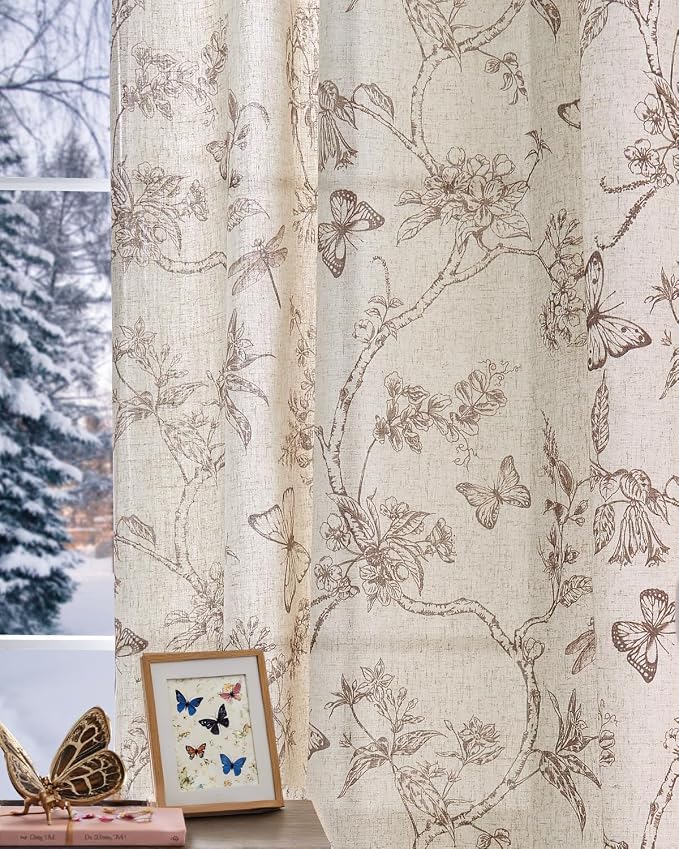 jinchan Floral Linen Curtains for Living Room 84 Inch Length Butterfly Curtain - Image 2