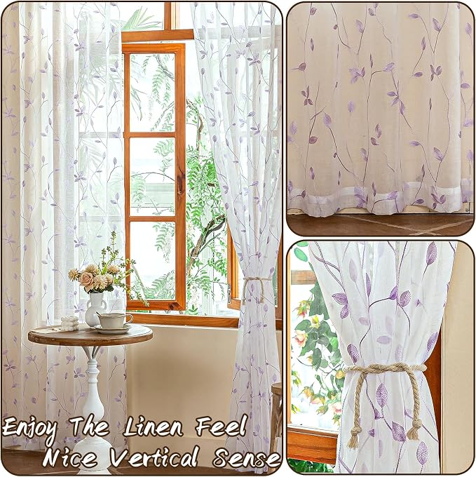 AmHoo 2 Panels Embroidered Leaf Pattern Semi Sheer Curtains Foliage Floral - Image 5