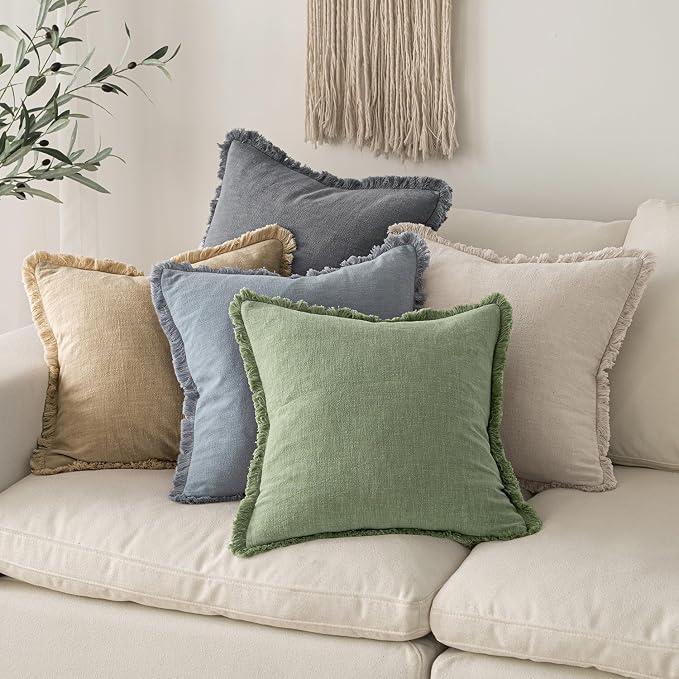 MIULEE Linen Fringe Decorative Euro Throw Pillow Covers Sage Green 22x22 | Set - Image 6