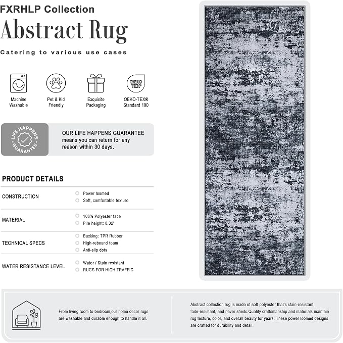 2.6x14 Washable Runner Rug:Modern Abstract Indoor Carpet Black | - Image 2