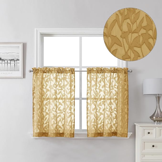 Lecloud Leia Dark Gold Sheer Kitchen Curtains 24 Inch Length 2 Pcs, Jacquard by Lecloud
