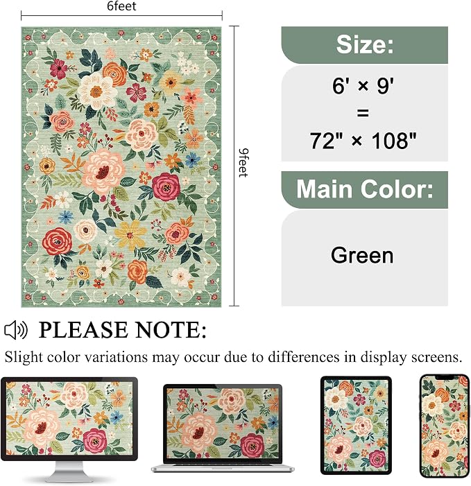 DUKINO 6x9 Area Rugs, Floral Washable Rug - Image 2